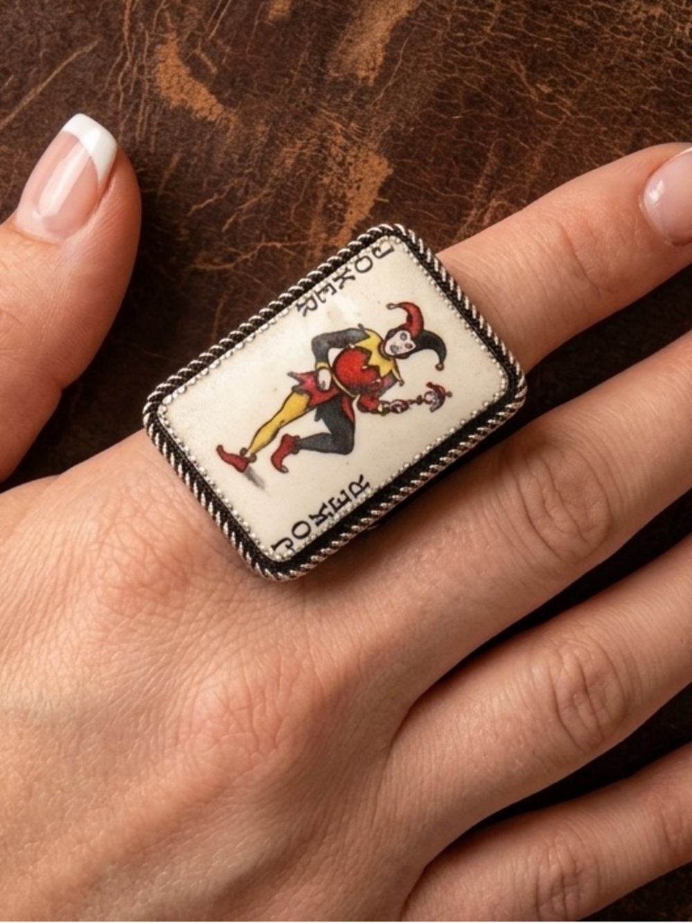 Boho vintage Joker playing card statement ring silver tone